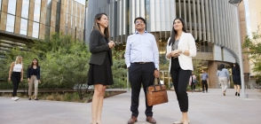 Thunderbird students stand outside its new global headquarters in Phoenix