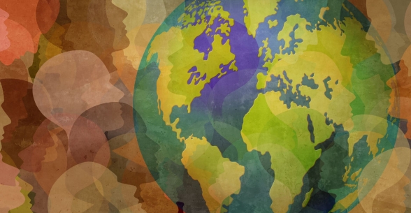 Concept of a world globe and multicolored faces collage