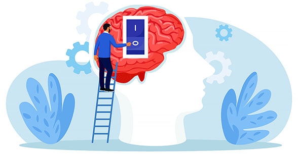Emotional Intelligence - Illustration of a man on a ladder, looking into a door in a brain.  Background with gears.