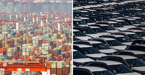 Split image of shipping containers and rows of new cars